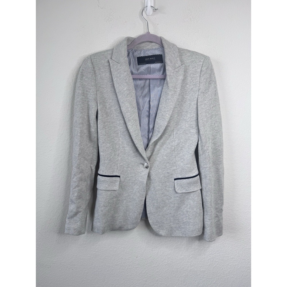 Zara 100% Cotton Knit Blazer Womens M Gray Anchor Buttons Nautical Preppy Casual